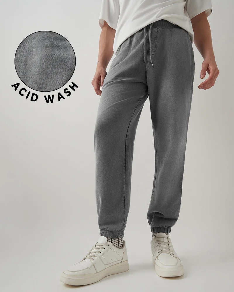 bewakoof Men's Charcoal Grey Oversized Acid Wash Warm Joggers